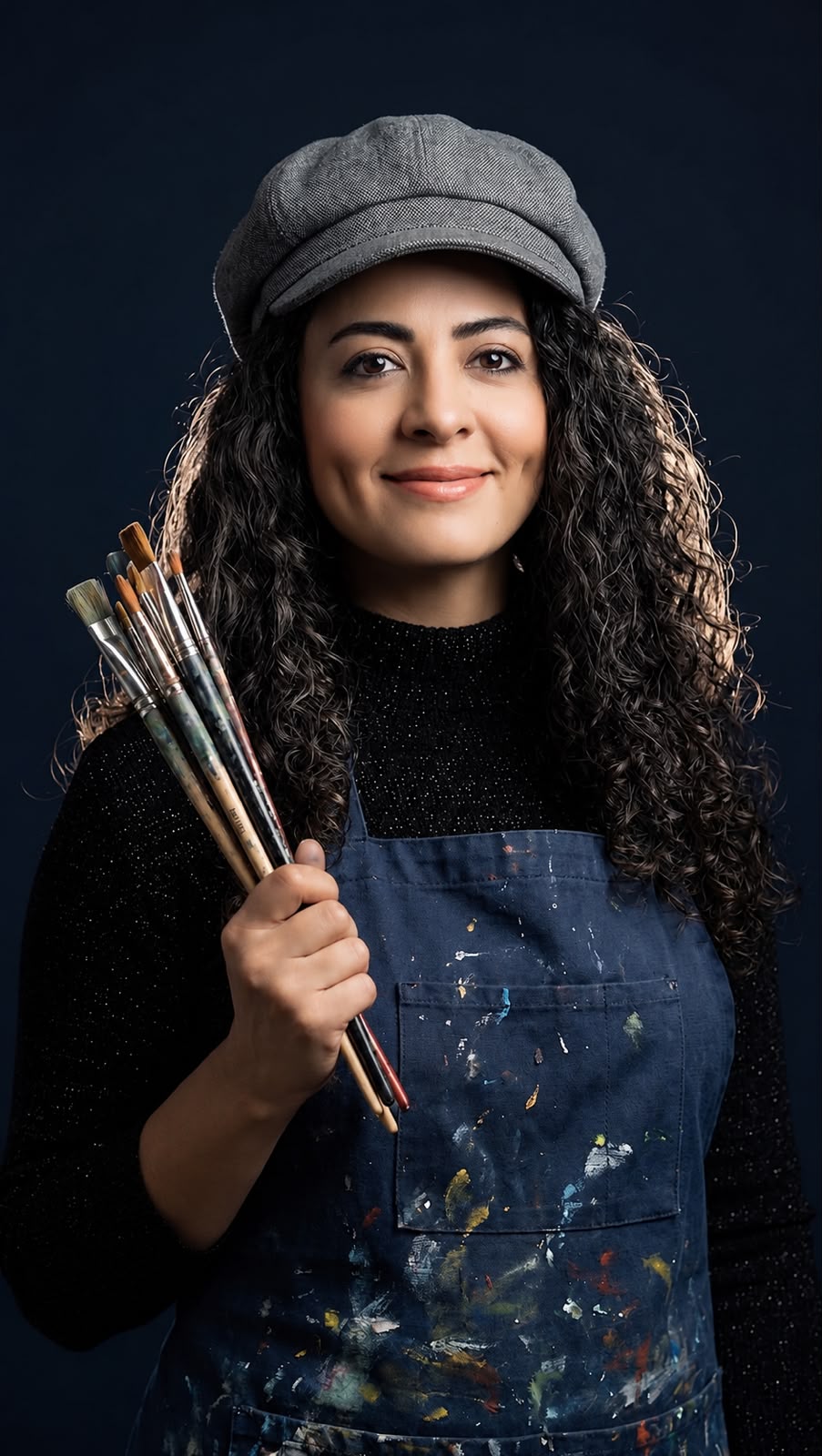 Nasim Askar wearing a paint-marked apron and holding a collection of artist brushes